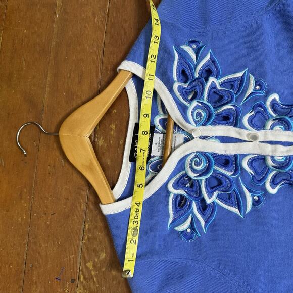 BOB MACKIE Wearable Art Blue Embroidered Cardigan Sweater Cutout Floral Granny S - Picture 7 of 16